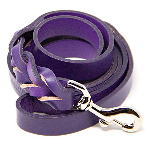 Logical Leather 6 Foot Braided Dog Leash - Heavy Duty Full Grain Leather Lead; Best for Training - Purple