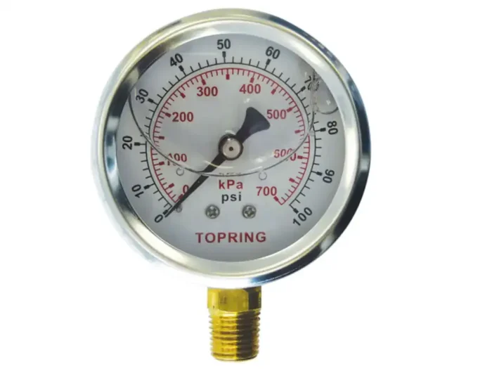 2" Diameter Pressure Gauge, Liquid Filled, 1/4" NPT Male Brass Connection, Lower Mount, Stainless Steel Case - Image 1